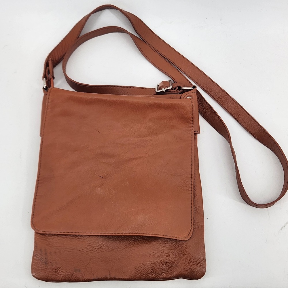Genuine Leather Made‎ in Italy Crossbody Bag Cognac Brown Messenger Flap Pocket